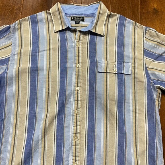 Weekender Vintage Linen Blend Striped Blue Tan Button Down Shirt Men's Size XXL - Picture 2 of 7